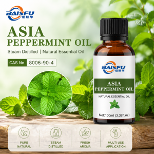 Asia Peppermint Essential Oil in amber glass bottle with dropper, 100% pure natural