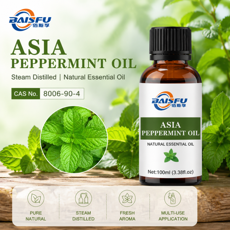 Asia Peppermint Essential Oil in amber glass bottle with dropper, 100% pure natural